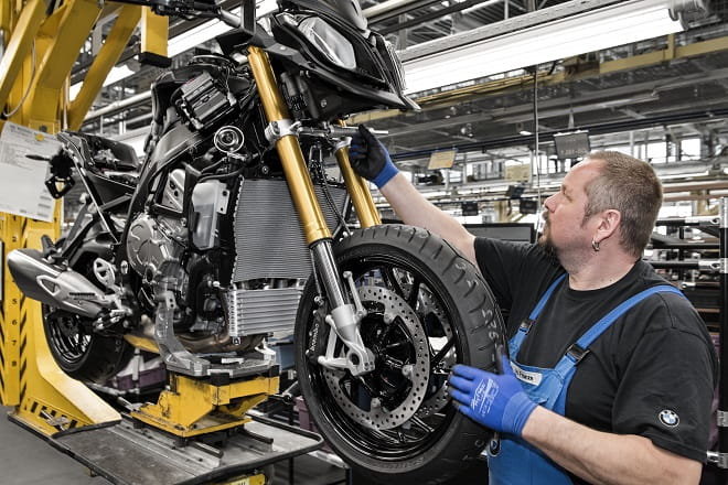 BMW's S1000XR on the production line. They're in BMW dealerships later this month. 