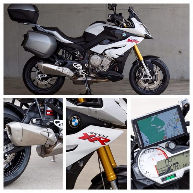 BMW's S1000XR with optional luggage, electronic suspension is an option, XR is a whole new adventure for BMW, dash is of the usual high quality from BMW, this shows optional integrated sat nav.