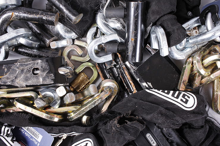 motorcycle locks and chains ready for testing in the BikeSocial lock and chain test