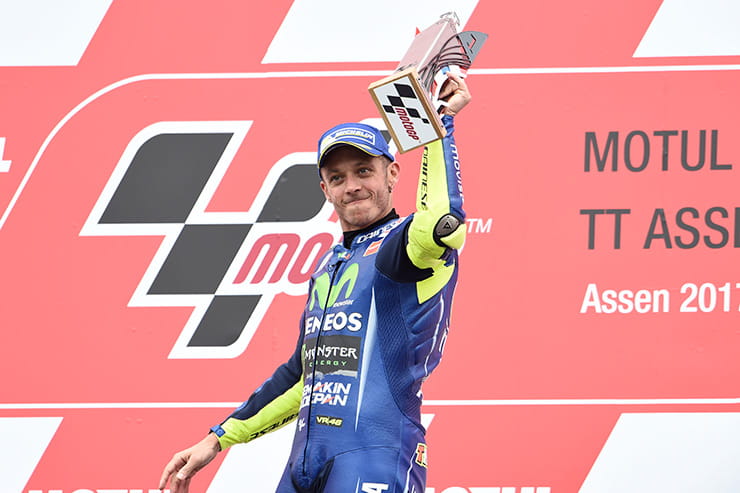 Valentino Rossi celebrates a win at Assen in the MotoGP world championship