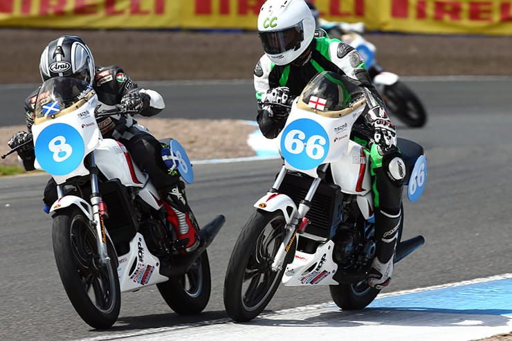 Two Pro-Am race bikes come together at Knockhill motor racing circuit