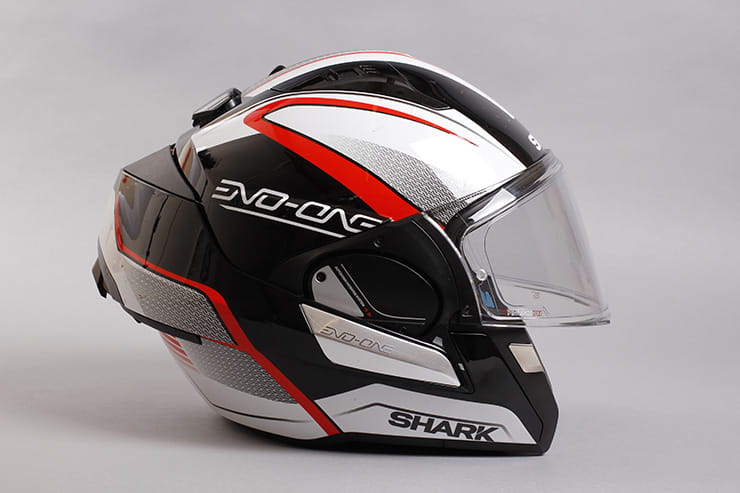 Evo-One motorcycle helmet flip front at the rear with the visor down