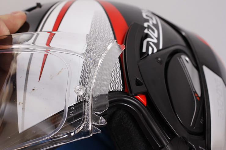 Evo-One motorcycle helmet visor opening mechanism opened