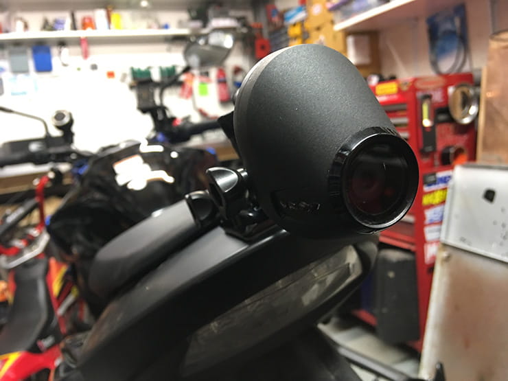 The Zona rear view camera mounted on a motorcycle