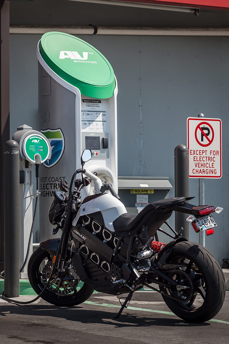 Brammo Empulse at an electric charging station