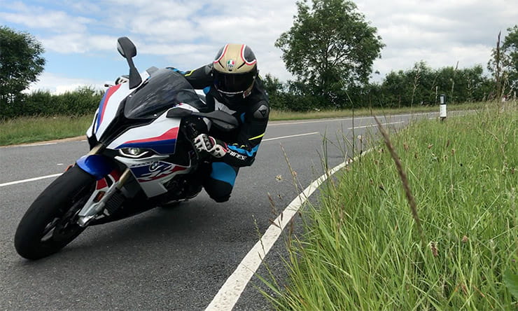2019 BMW S1000RR on the road with a little lean