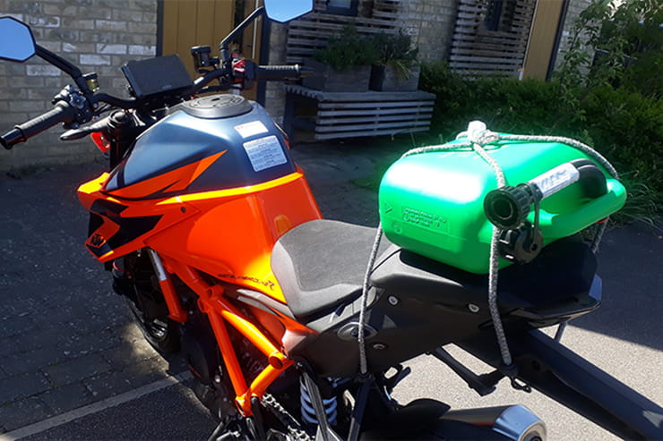 If your bike has a small fuel tank carrying a reserve supply of petrol is a good idea. Here
