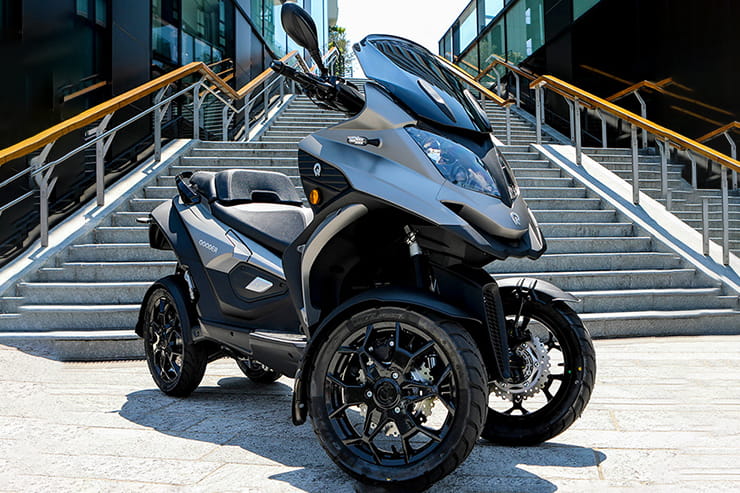 Four-wheel scooter promises twice as much grip as a two-wheeler. The 350cc, single cylinder engine makes 30bhp and it can be ridden on a car licence