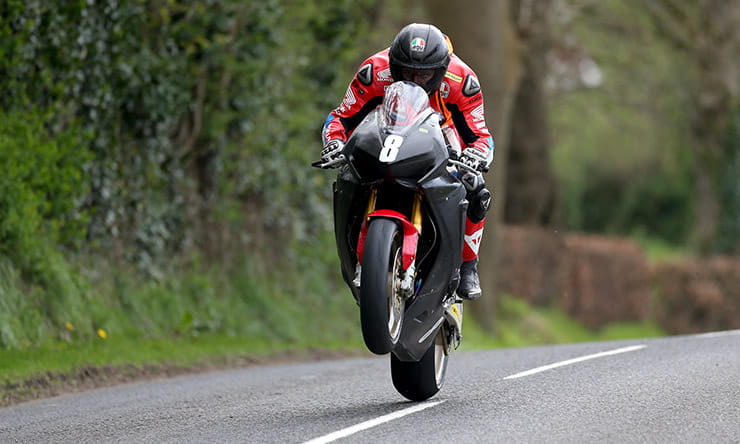 Guy Martin over the Cabra Jump in practice for Tandragee 100 road races