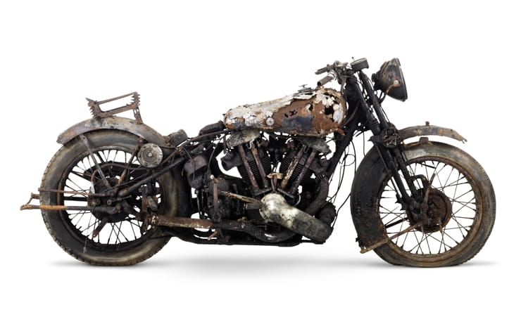 A Brough Superior as found in a barn on Bodmin Moor