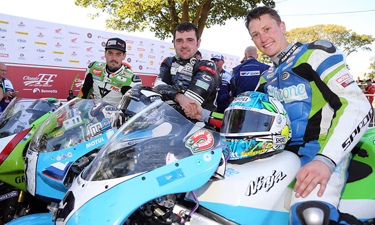 (l-r) Hillier, Dunlop and Harrison, the top 3 finishers in Superbike Classic TT, all under 33. Harrison and Hillier were later disqualified.