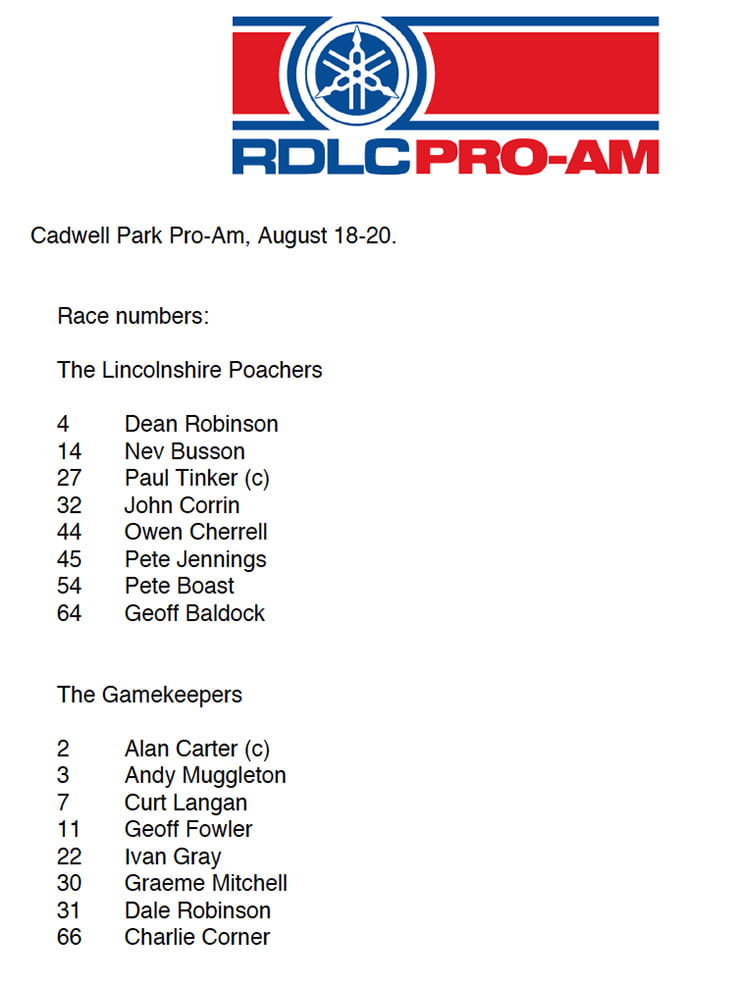 Pro-Am team sheet, Cadwell Park 2017