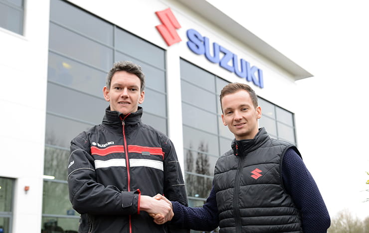 Rob Cooper, Marketing Manager for Suzuki GB with Richard Cooper, new Bennetts Suzuki British Superstock rider