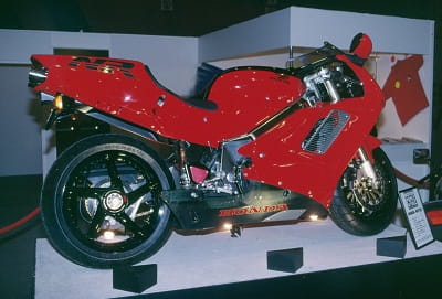 Ducati 916 designer Massimo Tamurini was inspired by the NR750's twin exhausts, seen here at its show launch in 1992