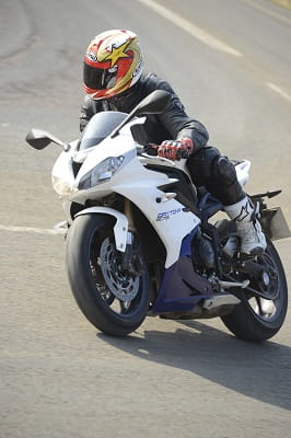 Daytona 675 mid-corner. Even in the cold, few bikes find this much grip and feel mid-corner.