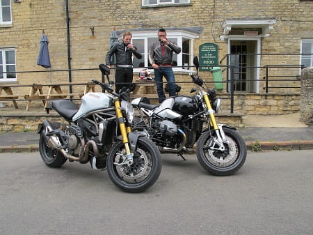 How much more Bike Social does it get than that? Our Ducati Monster meets BMW's RnineT, Mann on the left, Potter on the right. Not staged at all, honest.