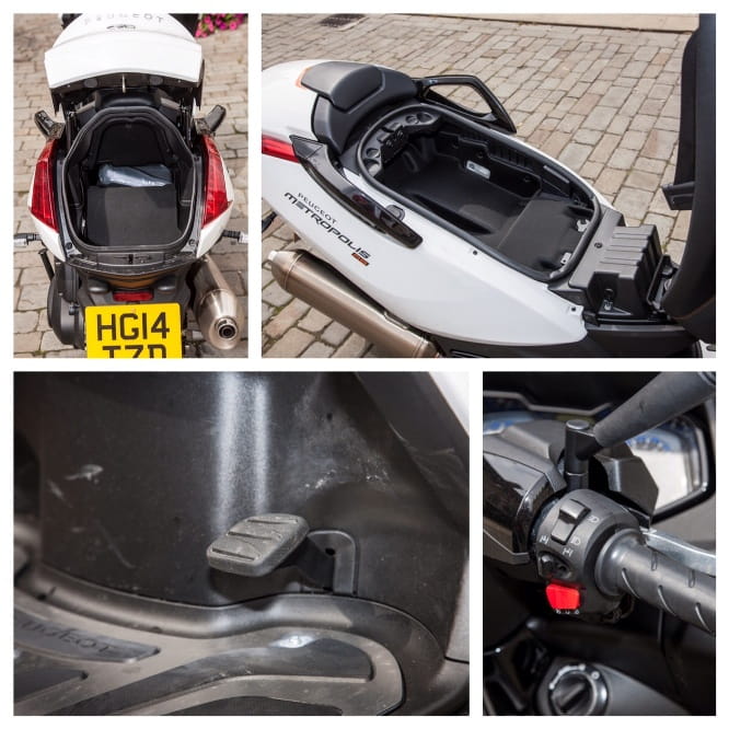 Boot, under seat storage, foot brake and the tilting wheel lock switch