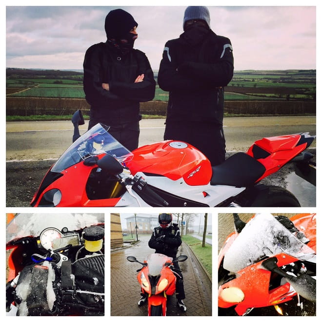 Behind the scenes. Moments after the action shots were taken it started to snow and sleet! Bike Social's Marc Potter on the right, Michael Mann on the left.
