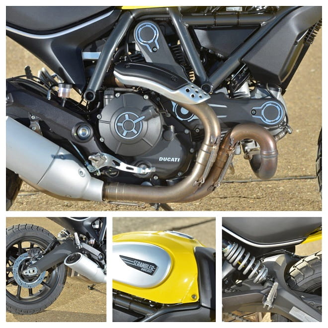 Motor is from the Monster 696 but is 803cc, swingarm is nicely made, aluminiun side panels are a quality touch. 