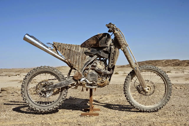 Yamaha YZ250F and a load of stripped back gubbins added to make it look post apocalyptic.
