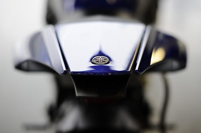 Yamaha's Tuning Fork logo and the R1's svelte rear-end.