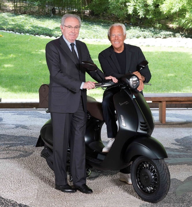 Roberto Colaninno (Piaggio Group Chairman and CEO) and Giorgio Armani unveiling the new 946 Emporio Armani