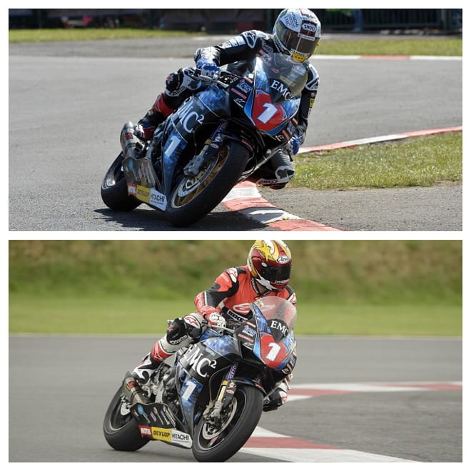 Top: McGuinness at the NW200. Bottom: Potter on a slippery, damp, Stowe Circuit.