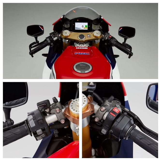 Full colour TFT clocks, beatifully engineered top yokes, and mirrors on stalks. The RCV might have standard Honda switchgear, but that's about the only thing on it that is standard.