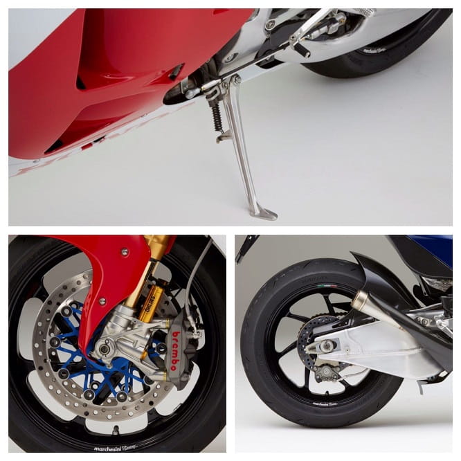 Brakes, swingarm and Ohlins TTX forks are straight out of MotoGP. Wheels are 17-inch instead of MotoGP spec 16.5-inch rims and use Bridgestone R10 tyres.
