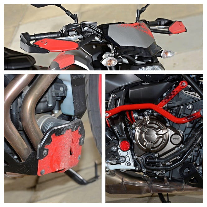 Hand guards, exhaust guard and added red tubular cage are all extra detailing over the standard model