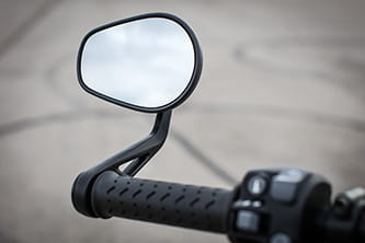 Teardrop style, bar-end mirrors are easy to adjust and offer a very good view