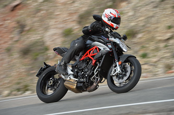 The half-supersports, half-supernaked Brutale 800 powers through the Spanish mountain roads