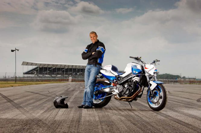 Mattie Griffin with his modified BMW F800R