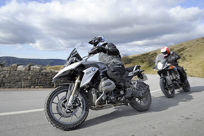 A GS on knobbly tyres isn't massively conducive to grip on a cool, flat surface