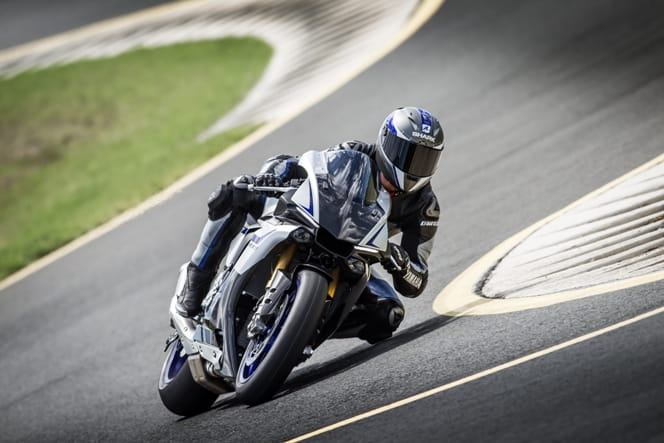 Yamaha's test rider pushes the R1M at Eastern Creek in Australia