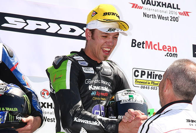 Peter Hickman on the podium at the North West 200