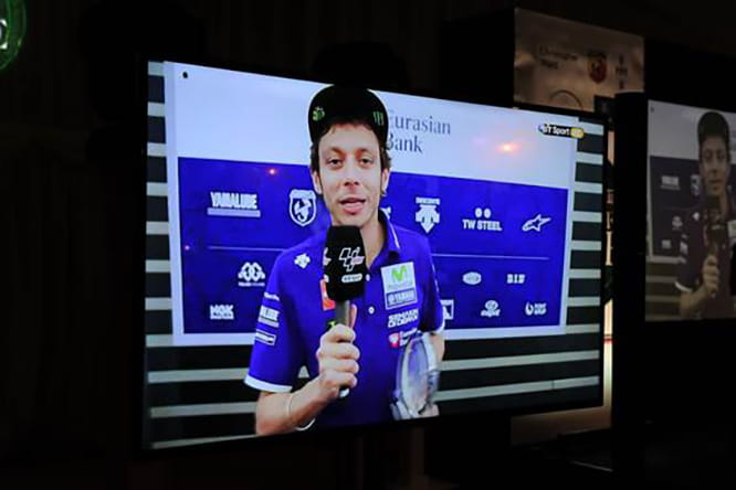 Valentino Rossi speaks via satellite from the Catalunyan Grand Prix