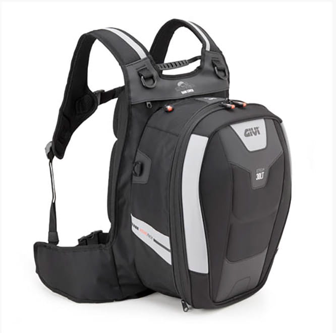 Top quality and motorcycle-friendly rucksack from Givi with helmet carrier and waterproof cover