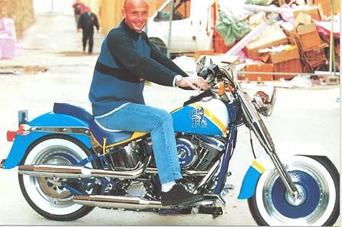 The Chelsea-liveried 'Ruud Boy' Harley with French defender Frank Leboeuf
