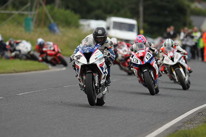 Guy Martin leads the Dundrod 150 Superbike Race at U.G.P ahead of Lee Johnston and Peter Hickman
